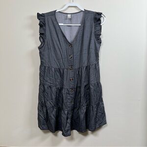 Grey Babydoll‎ Dress Flutter SLeeves Tiered Button Front Women's Large